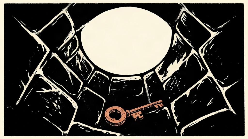A solitary wooden house key lies at the base of a deep stone shaft, emphasizing isolation and distance.