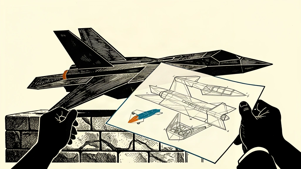 An editorial illustration showing a stealth fighter jet behind a large technical blueprint held by anonymous hands, representing technology transfer discussions.
