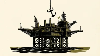 Woodside Energy upgraded to neutral: an offshore oil platform stabilized as a heavy anchor is lifted to a balanced position.
