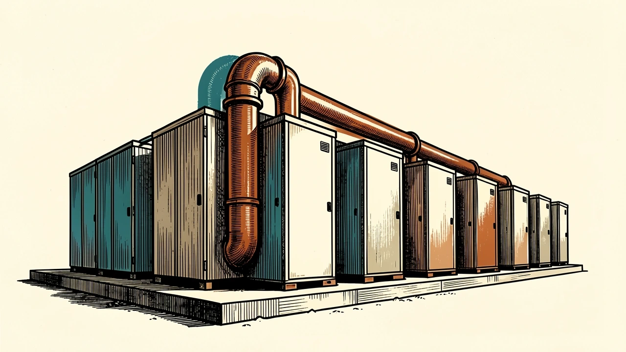 Ameren Missouri natural gas fuel cell expansion: a row of industrial fuel cell units connected by a prominent supply pipe.