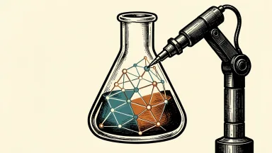 Cognizant expands AI-enabled DevOps for Gilead Sciences: a mechanical arm adjusts a geometric network inside a laboratory flask.