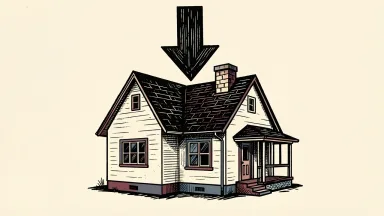 KB Home under pressure from a Sell rating: a stylized house sits beneath a large, heavy downward-pointing arrow.