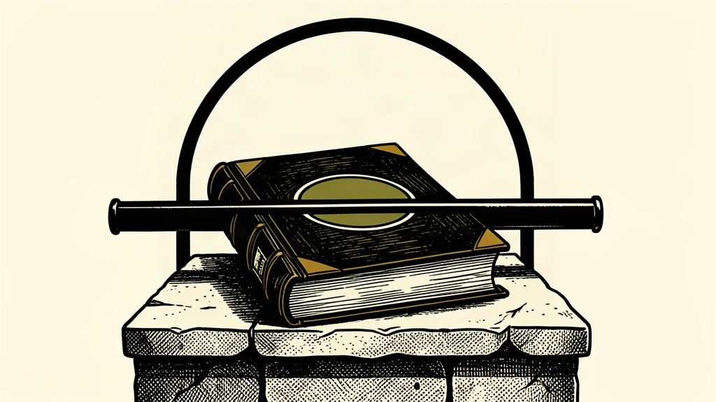 A conceptual illustration in carved-ink style showing a thick treaty volume secured flat on a stone podium by a solid black horizontal bar, set against an open ivory background with a large architectural arch silhouette.