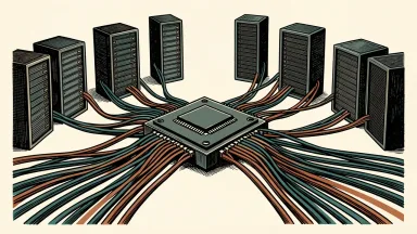 Cisco advances AI infrastructure: a central silicon chip connects to a network of server racks through glowing optical fiber cables.