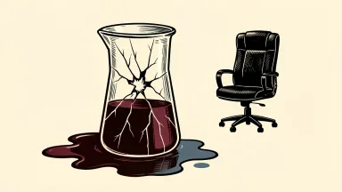 Anavex Life Sciences under investigation: a cracked laboratory beaker leaks dark fluid next to an empty executive chair.