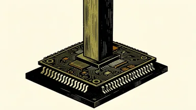 Broadcom seeking $50 billion for OpenAI's custom AI chip: a large, detailed computer processor chip being reinforced by a massive pillar of light.