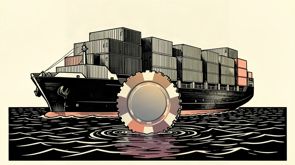 An editorial illustration showing a cargo ship blocked in a narrow strait by a giant betting chip.