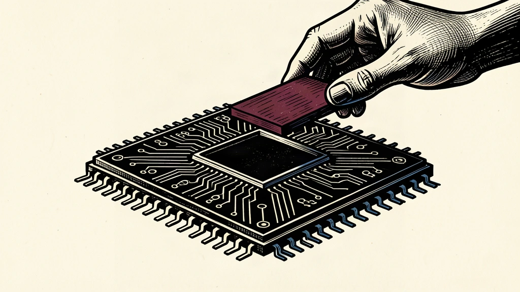 An editorial illustration showing a section of a large microchip being lifted away by hands, representing a major divestment in a semiconductor company.