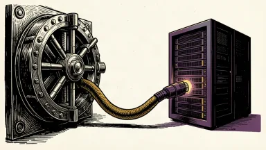 An editorial illustration showing a heavy bank vault door connected to a modern server rack by a thick industrial power cable, symbolizing a major lending relationship.