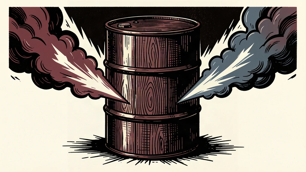An editorial illustration of an oil barrel standing between two opposing bursts of light and smoke.
