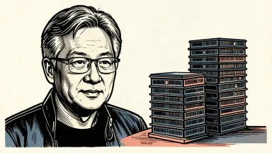 An editorial illustration of Jensen Huang next to two stacks of microchips, where one stack is double the height of the other to represent a doubling of sales. Identity photo references adapted into illustration: Photographer: Peter Dasilva (CC BY 4.0; https://creativecommons.org/licenses/by/4.0); source https://commons.wikimedia.org/wiki/File:Jensen_Huang_(cropped)_(2024).jpg