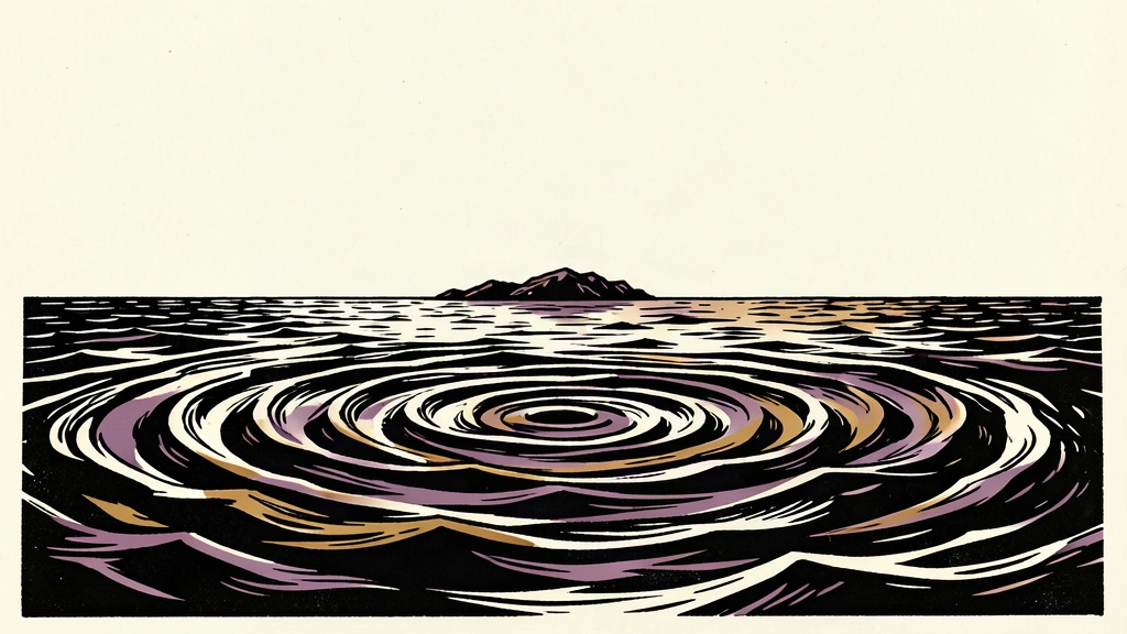 An editorial illustration showing jagged concentric ripples radiating across a dark ocean surface toward a small, distant island, representing a remote earthquake at sea.