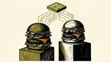 McDonald’s AI-driven pricing: two identical burgers sit on pedestals of different heights, connected by a network of digital circuit lines.