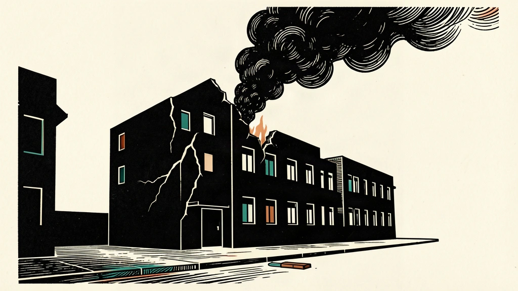 An editorial illustration of a damaged building with smoke rising from a strike-damaged corner against a plain background.