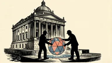 Accenture and Google launch AI agents for federal agencies: two engineers guide a glowing sphere into a classical government building.