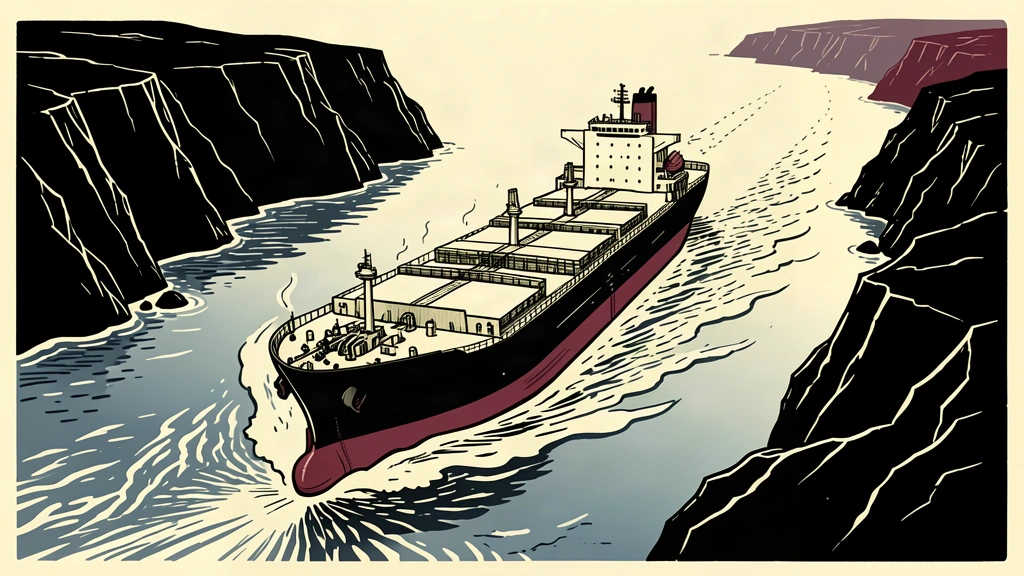 An editorial illustration of a large oil tanker navigating a narrow strait, with a prominent wake showing its continuous movement.