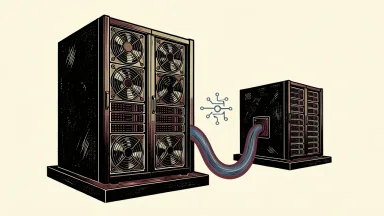 NetApp and Supermicro collaborate on AI infrastructure: two large server racks connected by a thick cable on a plain surface.