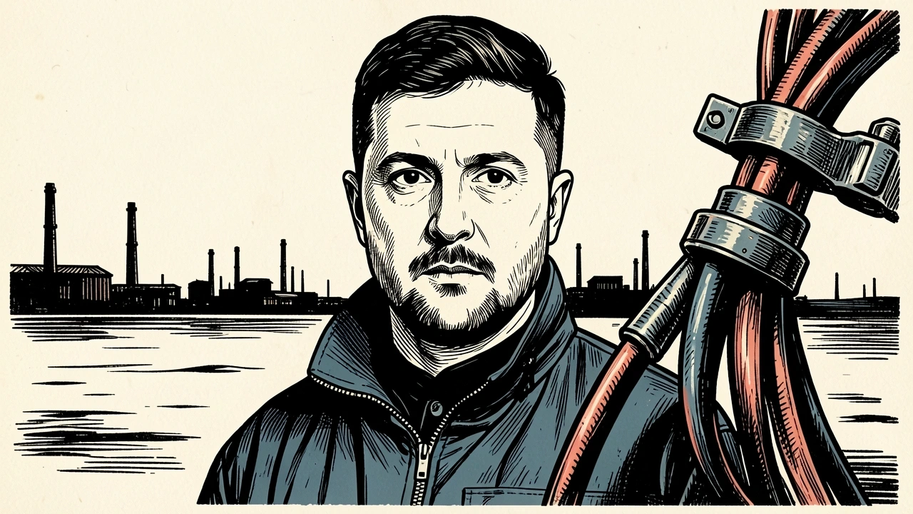 Volodymyr Zelensky calls for enforcement of an energy ceasefire: a portrait of Zelensky beside a secure clamp holding an oil pipe and power cable together. Identity photo references adapted into illustration: President Of Ukraine from Україна (CC0; http://creativecommons.org/publicdomain/zero/1.0/deed.en); source https://commons.wikimedia.org/wiki/File:2025_Volodymyr_Zelenskyy_(cropped).jpg