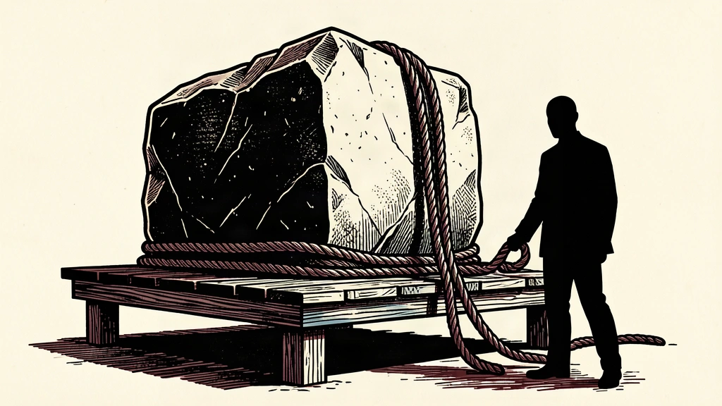A massive stone block representing a high valuation sits on a platform, held by a single rope.