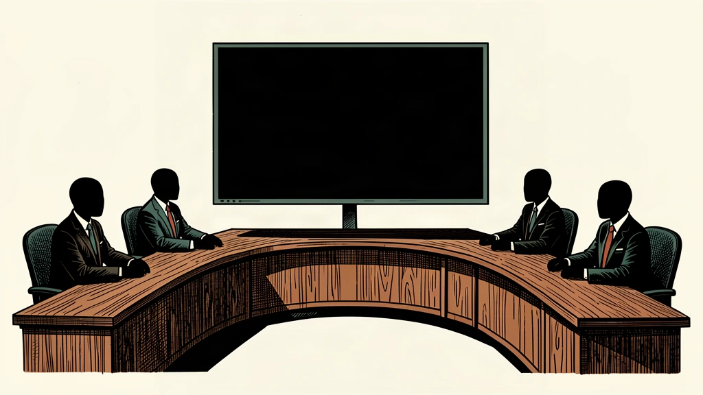 An editorial illustration of a Senate briefing room where a large blank screen looms over two groups of seated silhouettes.