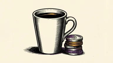 Starbucks dividend increase shown as a coffee cup with a stack of coins beside it.