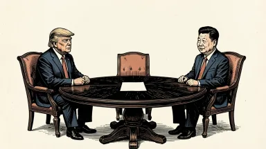 Donald Trump and Xi Jinping seated at an empty round table with a blank sheet of paper, representing the lack of a formal agenda for a proposed three-way summit. Identity photo references adapted into illustration: Daniel Torok (Public domain; https://commons.wikimedia.org/wiki/File:Official_Presidential_Portrait_of_President_Donald_J._Trump_(2025).jpg); source https://commons.wikimedia.org/wiki/File:Official_Presidential_Portrait_of_President_Donald_J._Trump_(2025).jpg | Официальный веб-сайт Президента Российской Федерации (CC BY 4.0; https://creativecommons.org/licenses/by/4.0); source https://commons.wikimedia.org/wiki/File:Chinese_President_Xi_May_2024.jpg