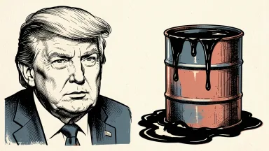 Donald Trump beside an overflowing oil barrel, representing falling oil prices after the waiver of Russia sanctions. Identity photo references adapted into illustration: Daniel Torok (Public domain; https://commons.wikimedia.org/wiki/File:Official_Presidential_Portrait_of_President_Donald_J._Trump_(2025).jpg); source https://commons.wikimedia.org/wiki/File:Official_Presidential_Portrait_of_President_Donald_J._Trump_(2025).jpg