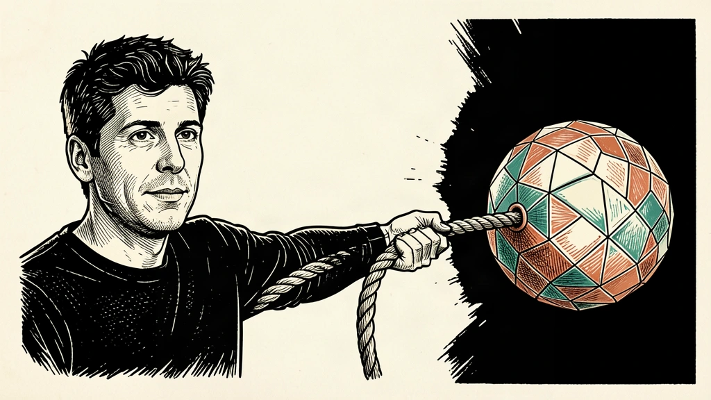 An editorial illustration of Sam Altman pulling a rope to restrain a large, glowing digital sphere from moving too quickly. Identity photo references adapted into illustration: Steve Jurvetson (CC BY 2.0; https://creativecommons.org/licenses/by/2.0); source https://commons.wikimedia.org/wiki/File:Sam_Altman_speaking_at_TED_(cropped).jpg