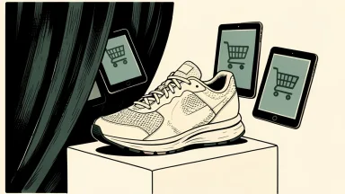 Nike China strategy shift: a single athletic shoe on a pedestal as digital shopping screens are closed behind a curtain.