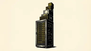 Dynatrace stock reaching multi-year highs: a tall server rack stands next to a series of rising data blocks that climb toward the top of the frame.