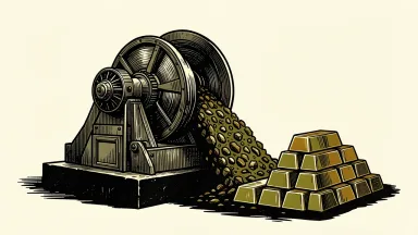 B2Gold's Goose mine production: a large industrial ore crusher processing raw rock into a stack of gold bars.
