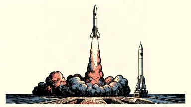 An editorial illustration showing one rocket launching into the sky while another waits on the ground, representing a high frequency of missions.