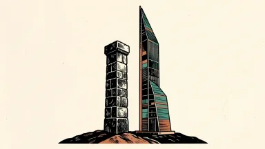 Nasdaq poised for a record high alongside climbing Treasury yields: a modern architectural tower rising higher than a heavy stone pillar.