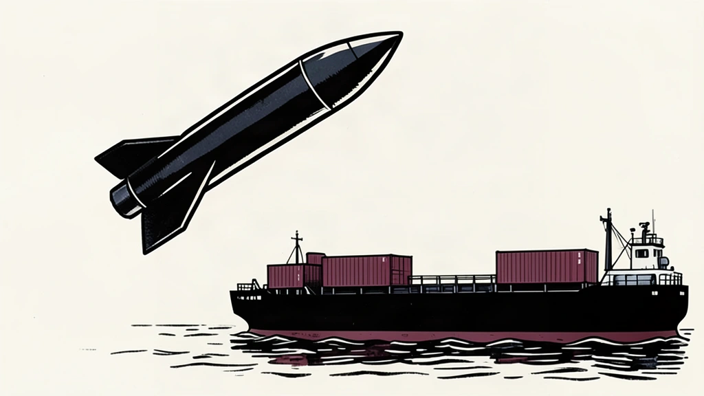 An editorial illustration of a missile approaching an intact cargo vessel, representing reported missile threats near the Strait of Hormuz.