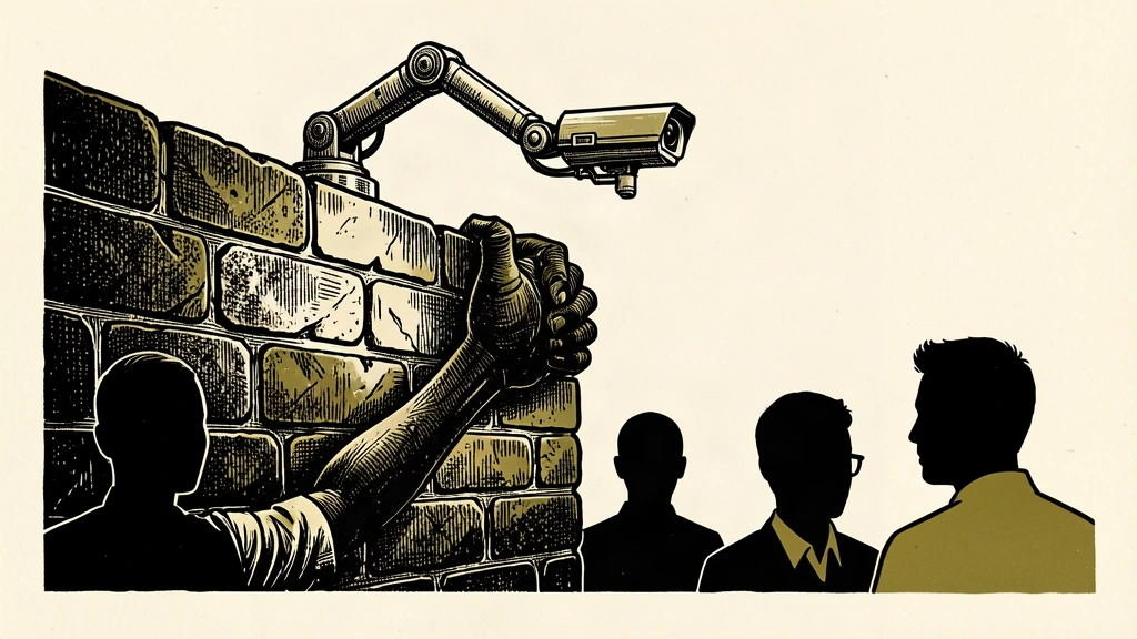 An editorial illustration showing a large hand stopping a surveillance camera arm that is reaching over a stone wall.