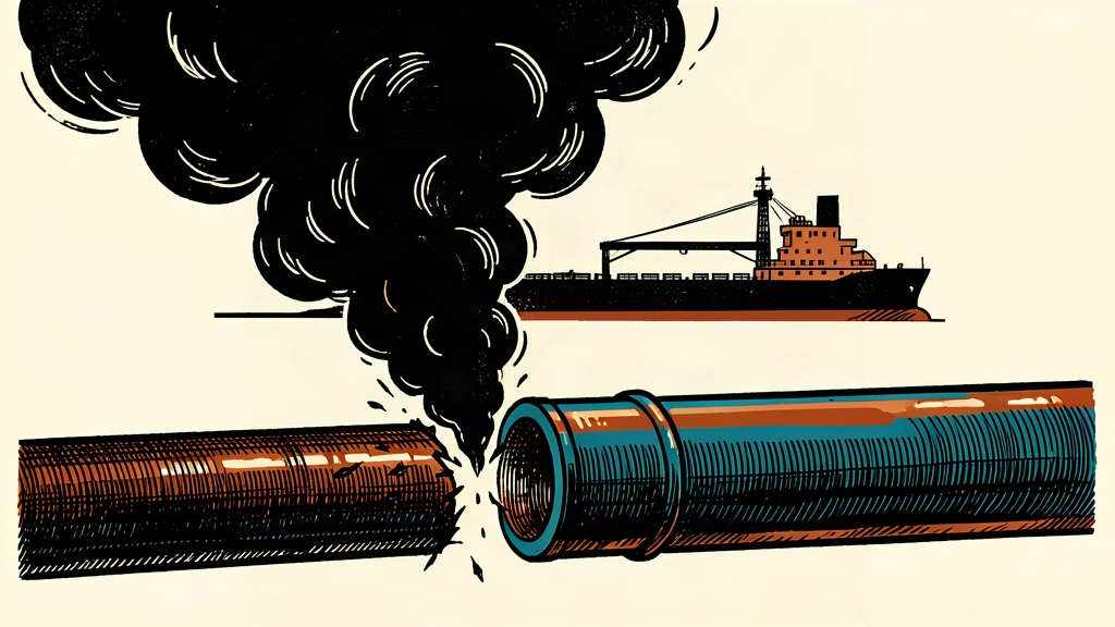 A severed oil pipeline with rising smoke in front of a distant oil tanker silhouette.