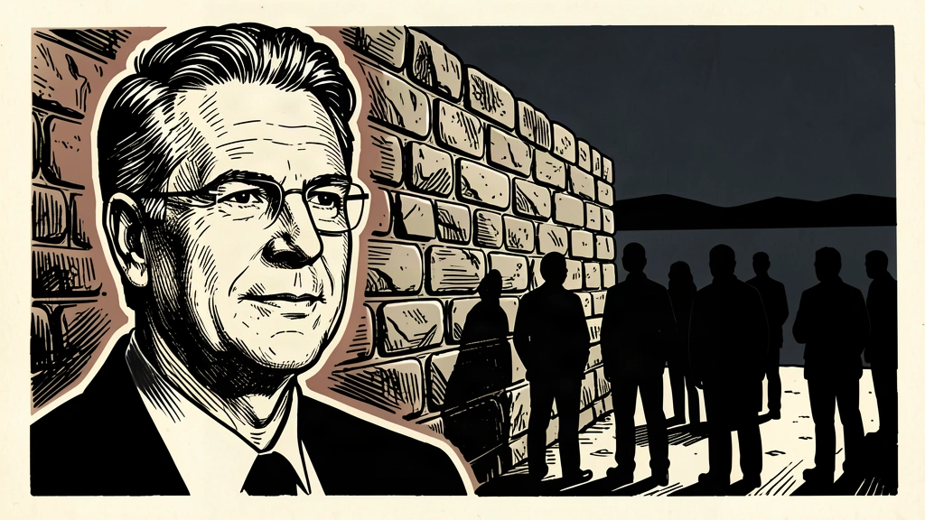 A portrait of Scott Bessent next to a scene of silhouetted figures standing behind a solid stone wall, looking away from a distant horizon. Identity photo references adapted into illustration: United States Department of the Treasury (Public domain; https://commons.wikimedia.org/wiki/File:Official_portrait_of_Treasury_Secretary_Scott_Bessent.jpg); source https://commons.wikimedia.org/wiki/File:Official_portrait_of_Treasury_Secretary_Scott_Bessent.jpg