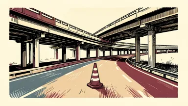 Ferrovial's highway project is shown as a curved overpass with a construction cone.