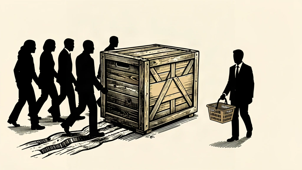 An editorial illustration showing a large crate being pushed by workers toward a consumer with a basket, symbolizing the transfer of wage costs to prices.