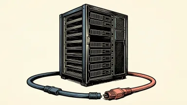 Microsoft exits Nscale data center project: a large server rack with empty slots stands behind a heavy disconnected power cable on the floor.