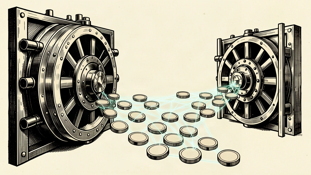 A stream of digital coins flows between two open bank vaults, connected by a geometric lattice.