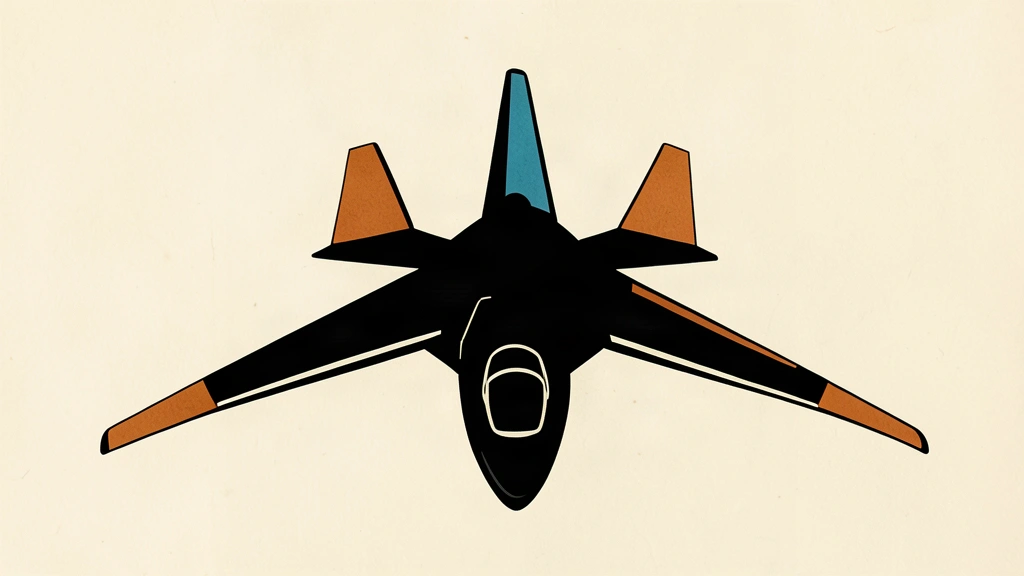 A linocut illustration of a modern stealth fighter jet silhouette surrounded by three abstract tail fins on a plain ivory background.