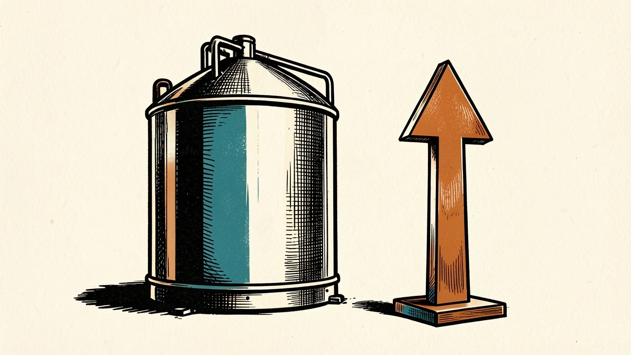 Marathon Petroleum price target raised: a fuel tank with a steel arrow pointing upward.