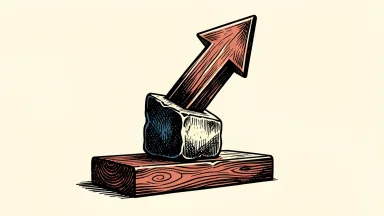 Cboe Global Markets upgraded by Morgan Stanley: a heavy stone counterweight lifting a large upward-pointing arrow on a simple wooden beam.