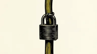 Immutep ADR trading halted: a heavy metal lock is clamped tightly around a thick data cable, physically stopping the flow.