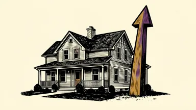 Toll Brothers stock receives a buy rating: a large residential house stands next to a bold upward-pointing arrow.