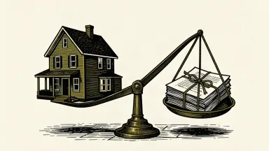 Better Home & Finance facing a securities class action: a house on a balance scale is outweighed and lifted by a heavy stack of legal documents.