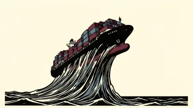 ZIM raises its 2026 guidance: a large container ship stacked with cargo is lifted high by a rising column of water.