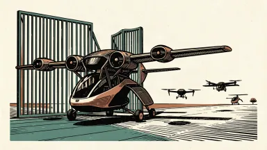 Archer Aviation acquisition of Boeing subsidiaries: a large electric aircraft moves through an open gate toward three smaller aircraft silhouettes.