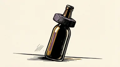 AmBev stock downgraded by BofA Securities: a large beer bottle tilted downward by a heavy stone weight.
